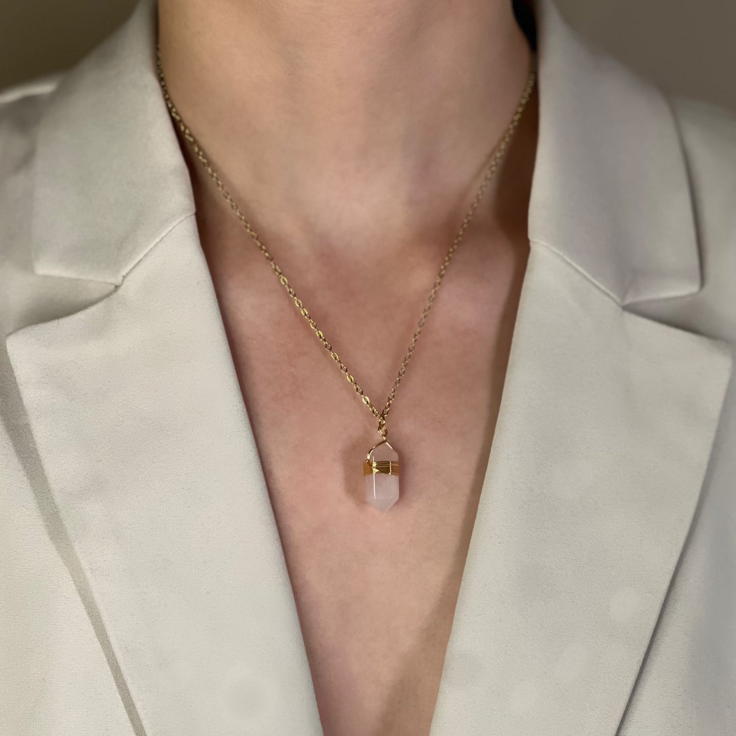 collier bohème doré quartz rose