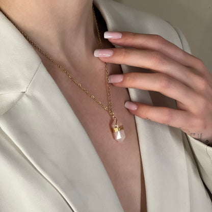 collier bohème doré quartz rose
